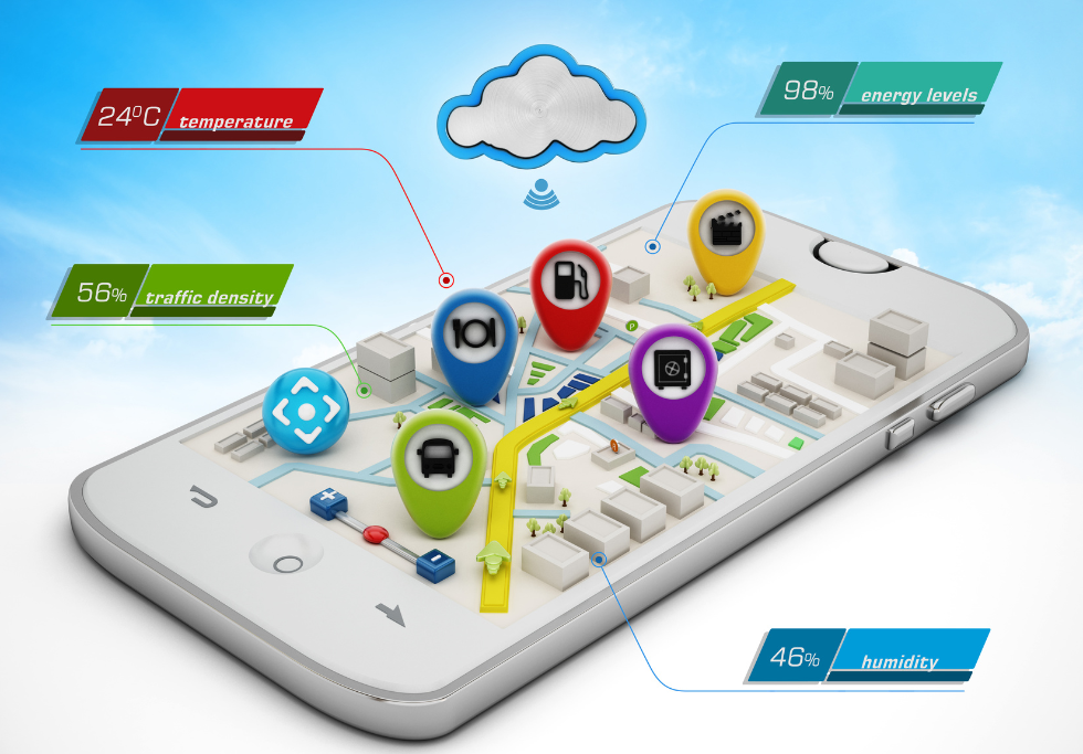 3D map coming out of a smart phone with measurement of energy levels, temperature and traffic density